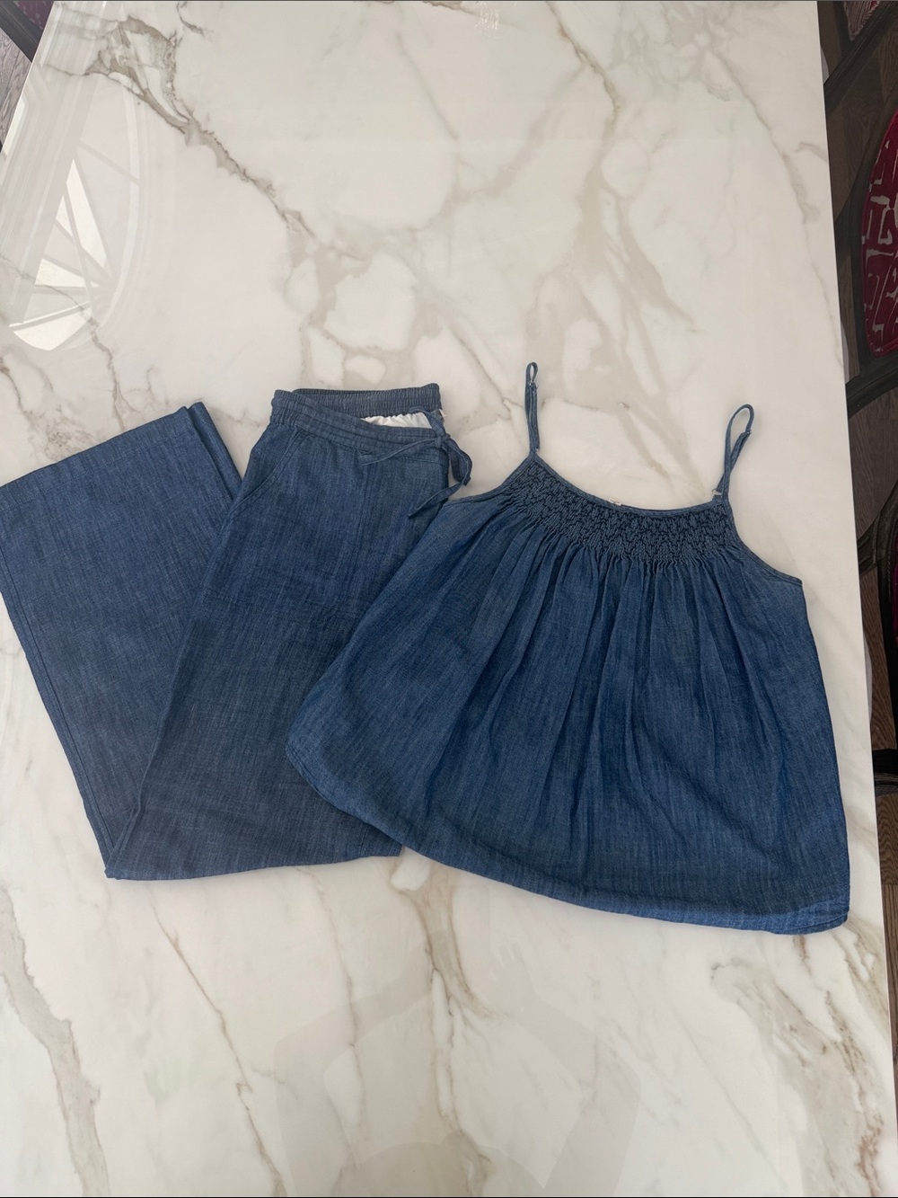 Ladies Blue Denim-Look Tank Top & Pants Set